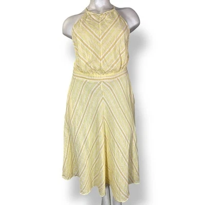 NY&CO Butter Yellow White Striped Chevron Linen Midi Maxi Halter Sun Dress XL - Image 1 of 4