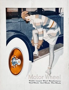 1928 Ad Motor Wheel Corp Wood Steel & Wire Wheels Nice Art Lady Lacing Ice Skate - Picture 1 of 1