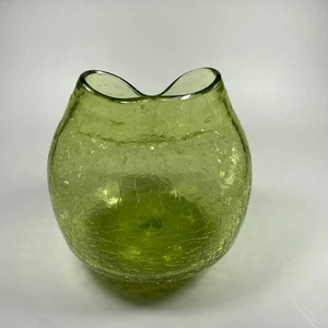 Vintage Hand-Blown Pilgrim Glass Green Crackled Pinched Glass Vase ~ Nice! - Picture 1 of 13