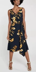 Ted Baker Callo marineblau senf Blumendruck asymmetrisch Midi Kleid Gr UK 10 sehr guter Zustand #7 - Bild 1 von 11