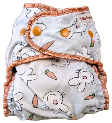 Piddle Poddles Cloth Diaper One Size All In Two Snap Bunny Carrot Print WAHM - Image 1 of 4