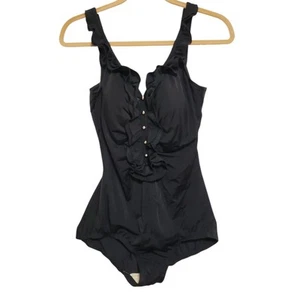 Rose Marie Reid Black Ruffle Accent One Piece Swimsuit Sz Large - Picture 1 of 5