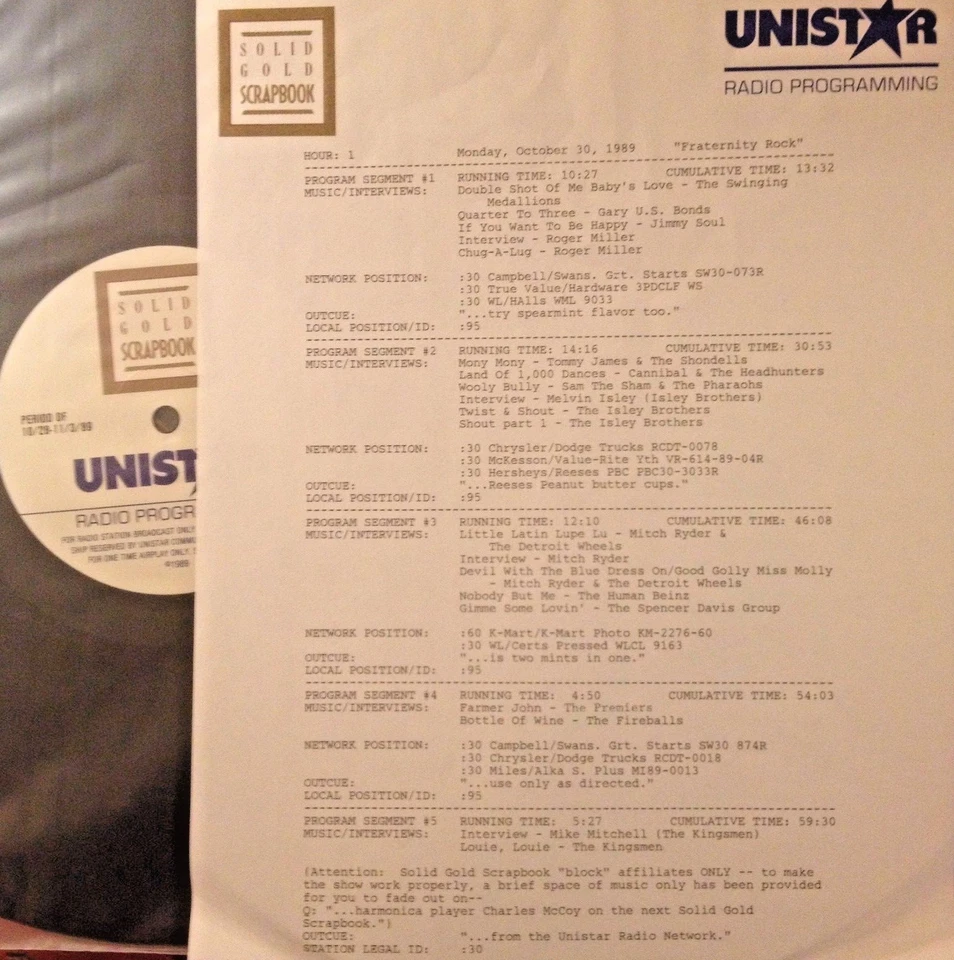 RADIO SHOW 10/30/89 FRATERNITY ROCK: SWINGING MEDALLIONS,GARY US BONDS,FIREBALLS - Image 1 of 1