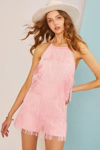 MAE Mauve Pink Halter Neck Open Tie Back All Fringe Romper Shorts Size P Cute! - Picture 1 of 15