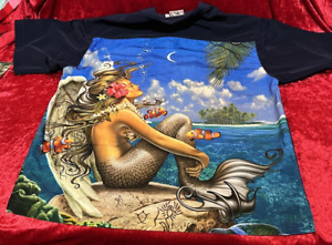 Rietveld  Dress Shirt Mens XL Blue Hawaiian Mermaid Angel Fish Ocean Island New!