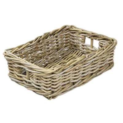 Grey & Buff Rattan Storage Baskets Rectangular Wicker Empty Hamper Display Tray - Image 1 of 4