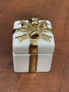 Lenox Porcelain Ivory Gold Ribbon Bow Trinket Engagement Ring Gift Box Keepsake - Picture 1 of 11