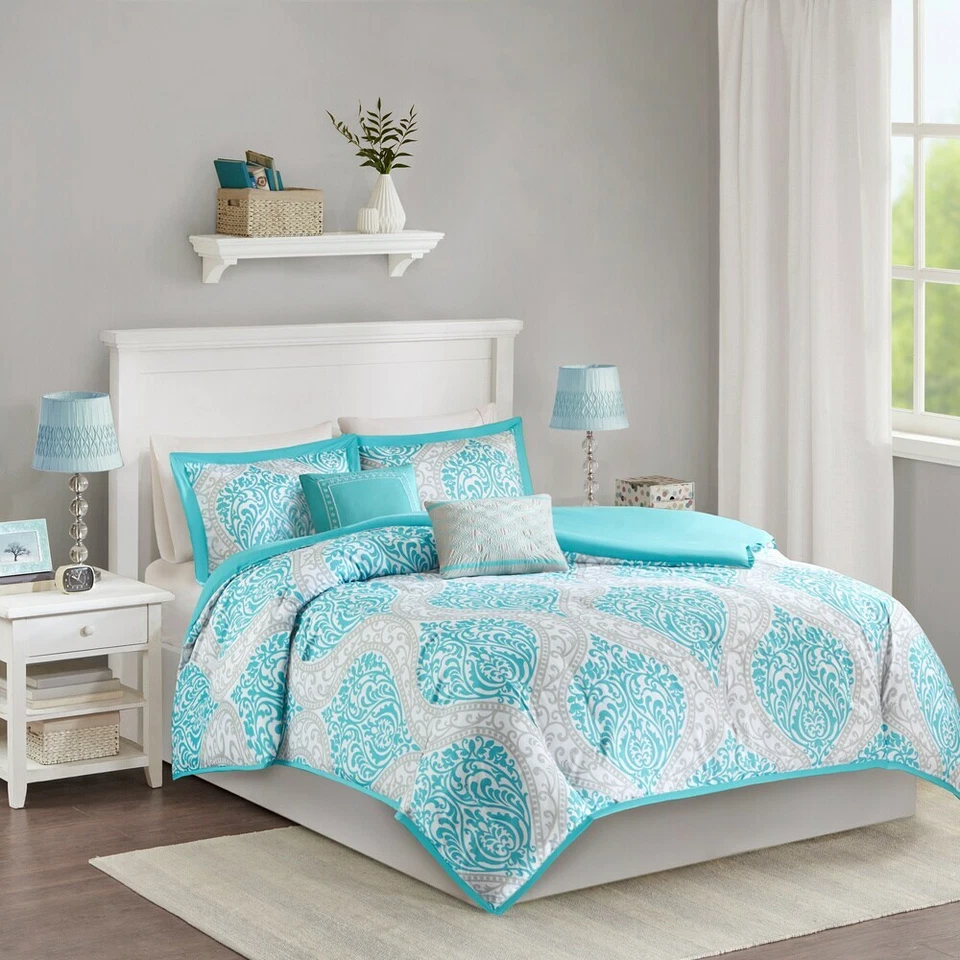 QUALITY NEW! ~ COZY MODERN CHIC AQUA TEAL LIGHT BLUE GREY SOFT COMFORTER SET FULL QUEEN