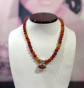 ATI 16" Karneol ~ 8,3 mm Perlenkette 925 Sterling Anhänger mit ovalem Karneol Cab - Bild 1 von 5