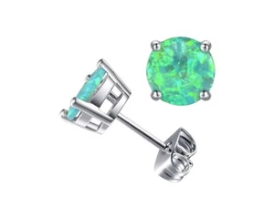 925 Sterling Silver 6MM Round Cut Green Fire Opal Stud Earrings For Women - Picture 1 of 4