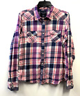 American Eagle Womens XL Shirt Plaid Snap Button Blue Pink Collared Long Sleeve