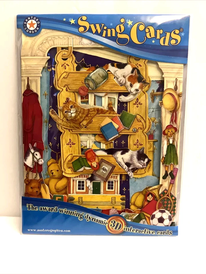 Vtg Santoro Graphics Cats on Bookcase 3D Swing Card Greeting Card SC05 1994 - Image 1 of 1