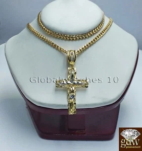 Real 10k Yellow Gold Jesus Cross Charm Pendant 18" Miami Cuban Link Chain SET - Picture 1 of 7