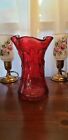 Murano Style Red Art Glass Vase With Ruffled Edges