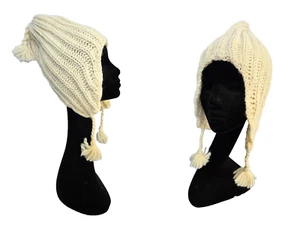 Berkshire Fashions Vtg 2000 Chunky Ivory Knit Ear Flaps Tassel Cap Beanie O/S - Picture 1 of 12
