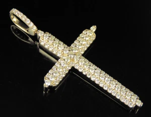 Men's 10K Yellow Gold Real Diamond 3 Row Prong Cross Pendant 1.1 CT 1.8" - Picture 1 of 8
