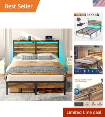 Marco de cama multifuncional tamaño completo con iluminación LED y estación de carga USB Foto 1 de 4