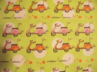 RETRO VESPA SCOOTERS GREEN VROOM COTTON FABRIC FQ - Image 1 of 4
