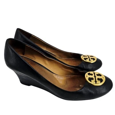 TORY BURCH Chelsea Black Leather shoeGold Tone Hardware Wedges Women's Size 9.5 - Image 1 of 4