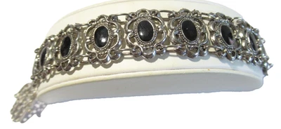 Pulseira Hamsa pendurada à mão vintage preta tom prata metal - Imagem 1 de 3