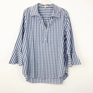 Tyler Boe Blue Gingham Popover Tunic Shirt Size XL 3/4 Bell Sleeve Cotton Hi-low - Picture 1 of 9