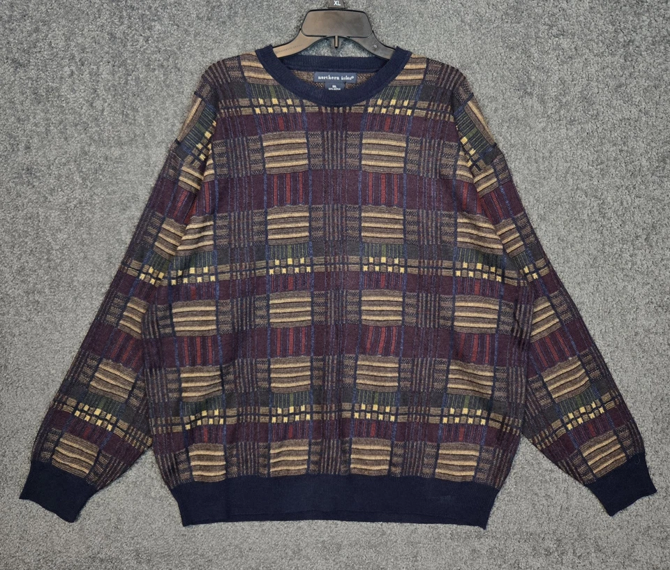 Vintage Sweater Men's 2XL Multicolor Geometric Plaid Knit Pullover 1990s Grandpa - Image 1 of 4