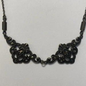 ANTIQUE 1930s STERLING SILVER MARCASITE NECKLACE CHAIN 15 1/4” SHORT DAINTY - Bild 1 von 6