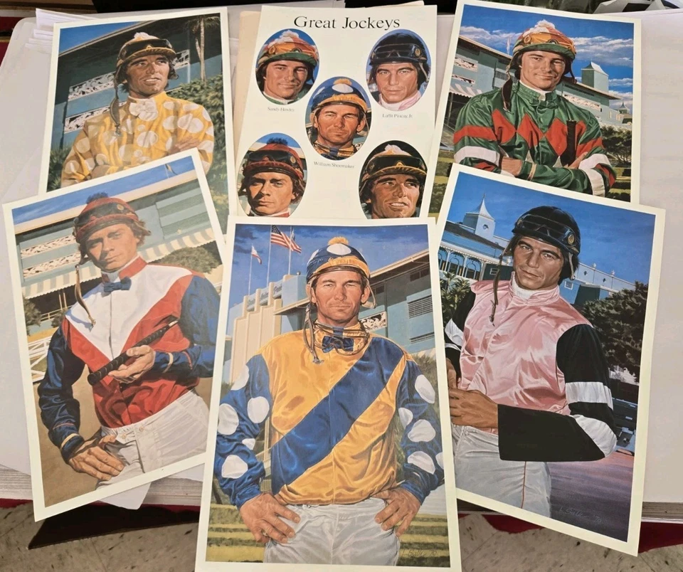 Santa Anita 1982 Juego de 5 Grandes Jinetes Impresiones Carreras de Caballos 9.5" X 14.5" y Carpeta Foto 1 de 4