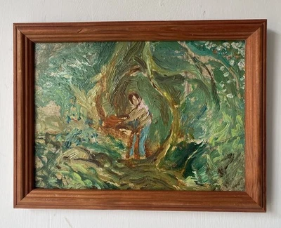 Pintura figurativa abstracta modernista original pequeña de mediados de siglo al óleo sobre tabla Foto 1 de 4