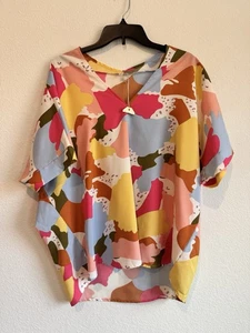 Jodifl Damen Bluse Kurzarm Abstrakt Bunt V-Ausschnitt Größe L - Bild 1 von 10