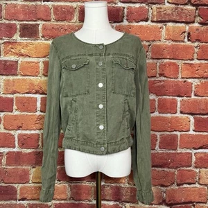 Sanctuary Snap Denim Utility Jacket Womens Size S Army Green Collarless Pockets - Picture 1 of 13