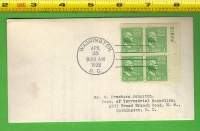 1938 FDC Scott #804 1¢ Washington Plate Block #21824 | DC Cancel | Johnston - Image 1 of 2