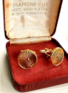 VINTAGE 22 Ct Gold Plated Diamond Cut Cufflinks - Round - 1970s Retro Wedding - Picture 1 of 5