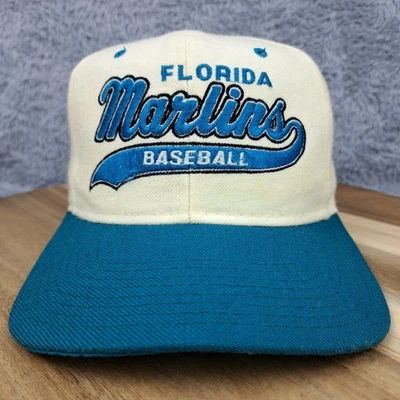 VINTAGE Florida Marlins Hat Cap Snap Back Creme Teal Tail Sweep 100 Wool Starter - Image 1 of 4