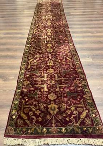 Indo Per'sian Runner Rug 2.7 x 13.8 Maroon Wool Handmade Indian Rug For Hallway - Picture 1 of 12