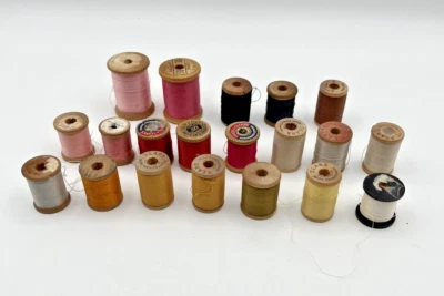 Vintage Lot 20 Wood Thread Spools Pink Red Brown Green Gray Yellow Silk Cotton - Image 1 of 4