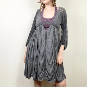 Vintage y2k Pol Grey Deep V Ladder Lace Grunge Fairy Long Sleeve Dress Size S - Picture 1 of 8