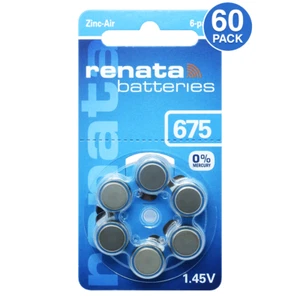 Renata Size 675 Hearing Aid Batteries Zinc Air 1.45V (60 Pack) - Picture 1 of 7