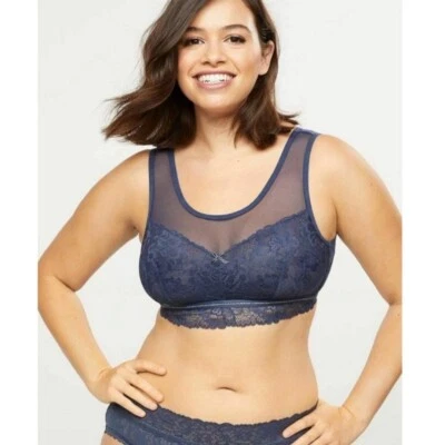 CACIQUE Lane Bryant Modern Lace Mesh Unlined No-Wire Bra BLUE Silver Size 18/20 - Image 1 of 4