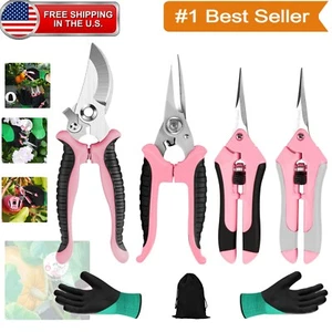 Premium Serrated Bypass Pruners & Gloves Set - 4-Piece Pink Gardening Essentials - Picture 1 of 11