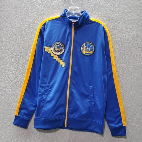 Golden State Warriors Men Track Jacket Medium Blue Logo Patch Full Zip Mock Neck Cover