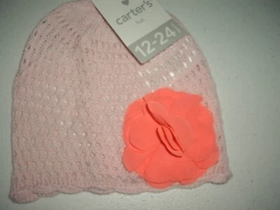 T8 NEW  Size 12-24M Carter's Baby Girl Pink Knit Hat Beanie w Neon Orange Flower - Image 1 of 2