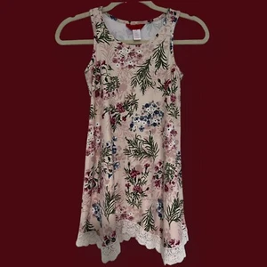GIRLS Dress Floral Burgundy Red Pink Green Blue White Flower LACE Size 7 • 8 EUC - Picture 1 of 4