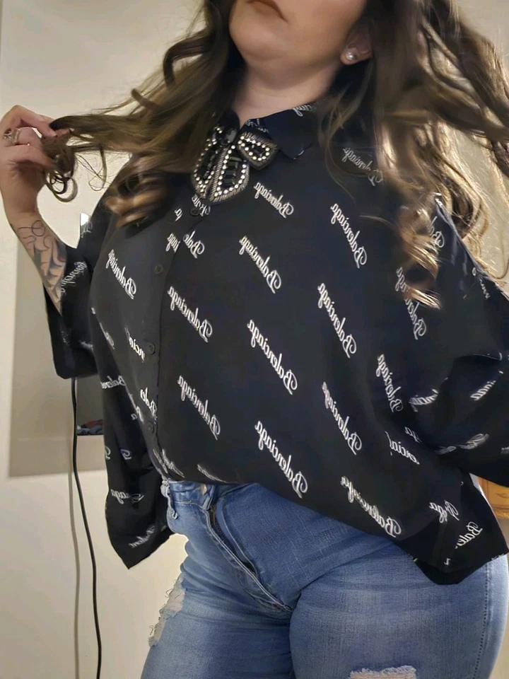 BALENCIAGA SHIRT Script Logo Short Sleeve Shirt Women SZ MED Authentic Good Cond - Image 1 of 4