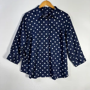 Chaps Women's Polka Dot Top Plus Size 2X Blue White No Iron Button Up 3/4 Sleeve - Picture 1 of 8
