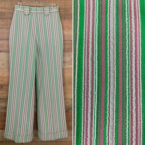 Vintage 1970s MOD Green Pink Pull On Bell Bottom Trouser Polyester Pants Sz S - Picture 1 of 7
