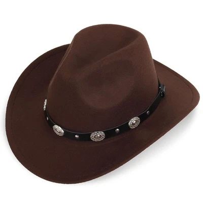 Men Women Fedora Western Cowboy Hat Leather Belt Cowgirl Costume Cap Wide Brim - Image 1 of 4
