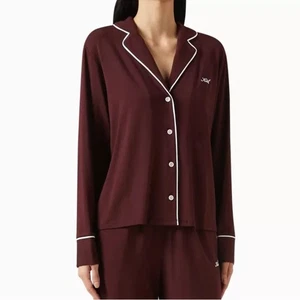 Kith Pajama Top Womens Small Burgundy Embroidered Logo Long Sleeve Button Up - Picture 1 of 14