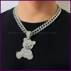 Herren Damen Iced Out Braunbär Anhänger Halskette mit 13 mm Miami Kubanische Gliederkette - Bild 1 von 28