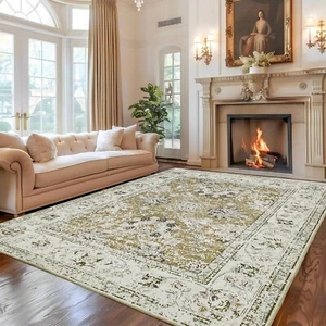 Large 9x12 Washable Area Rug Living Room Bedroom Vintage Boho Olive Green Brown - Picture 1 of 13
